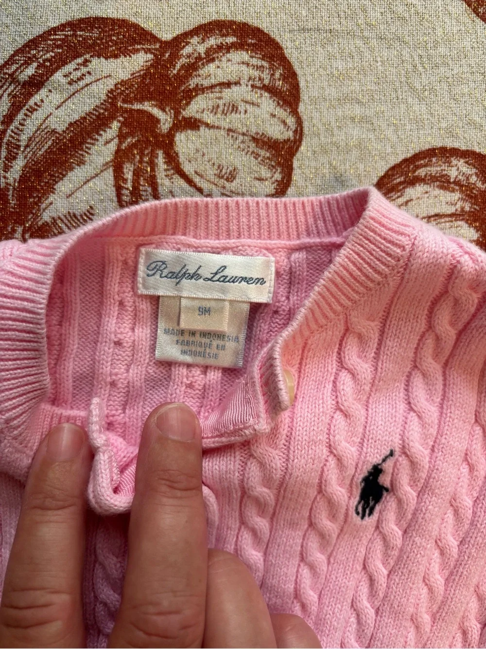 Ralph Lauren Pink Cable-Knit Kids Cardigan with Navy Pony